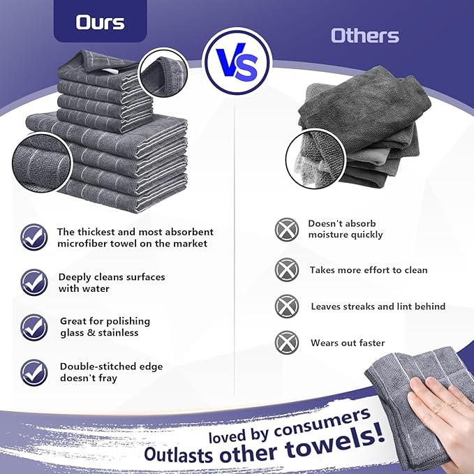 FGSAEOR Microfiber Kitchen Towels & Dish Cloths Set - Premium Ultra-Soft, Super Absorbent, Quick-Drying Dish Towels - Grey Checkered, 8-Pack (12"x12" & 18"x26") for Dishes, Multi-Purpose