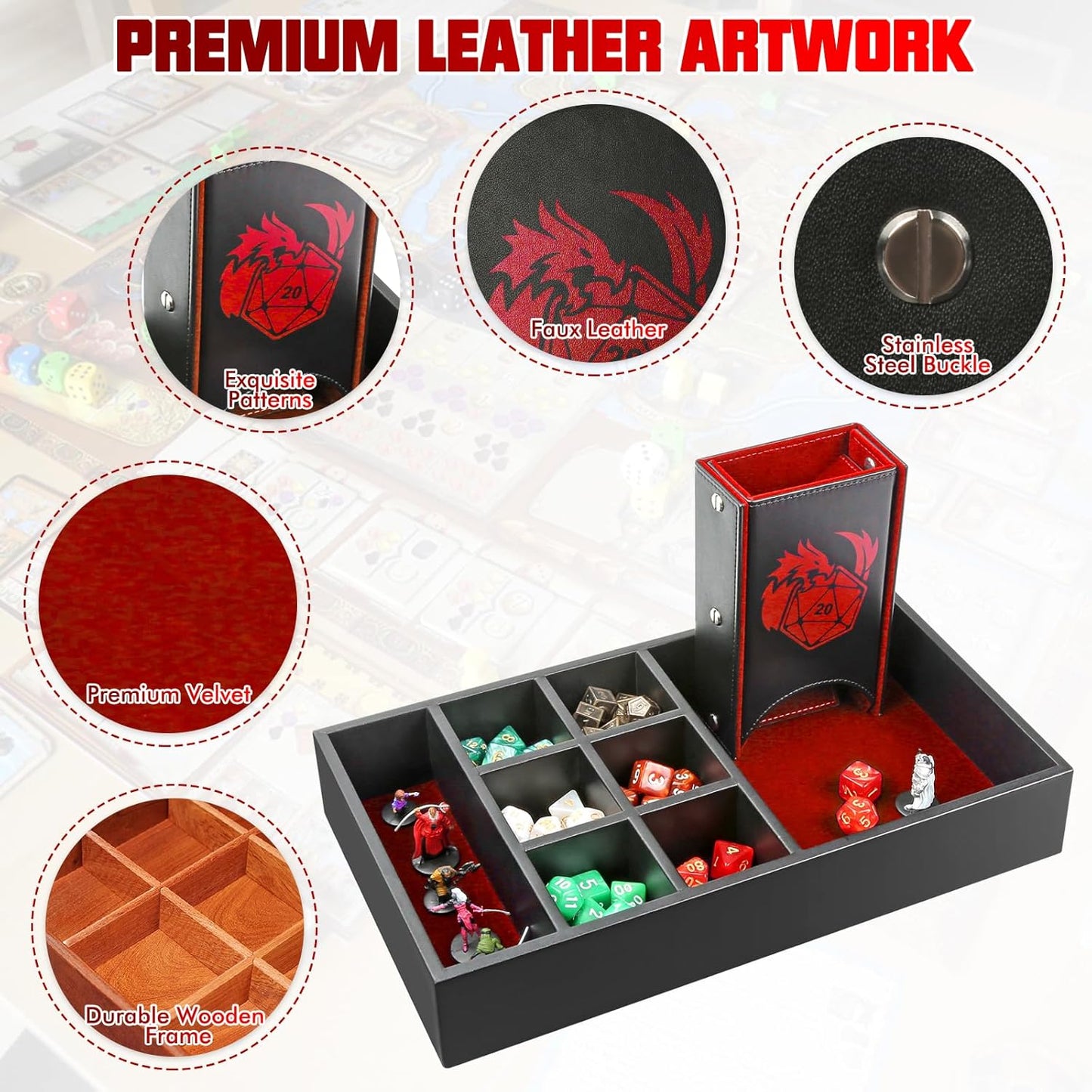 DND Dice Tray & Tower Storage Box, 4 in 1 D&D Dice Holder Case (Dice Rolling Tray, Dice Roller Tower, Dice & Miniature Storage), Great RPG Accessories Gifts for Dungeons and Dragons MTG DM & Player