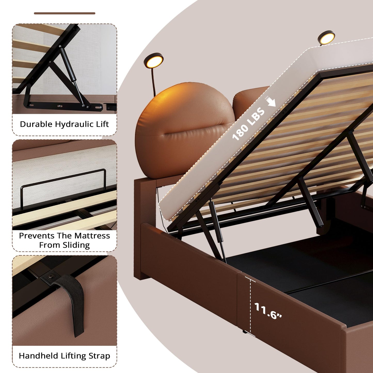 LIKIMIO Twin Bed Frame with Lift Up Storage, Modern Platform Bed with Upholstered Headboard & Light, Sturdy and Noiseless, Easy Assembly, Faux Leather