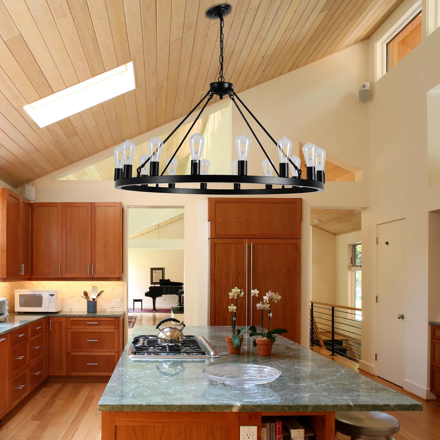 JTYP 40" Black Wagon Wheel Chandelier,E26 16-Light Large Round Rustic Farmhouse Chandelier Industrial Pendant Light Fixtures for Dining Room Living Room Kitchen Island Entryway Foyer