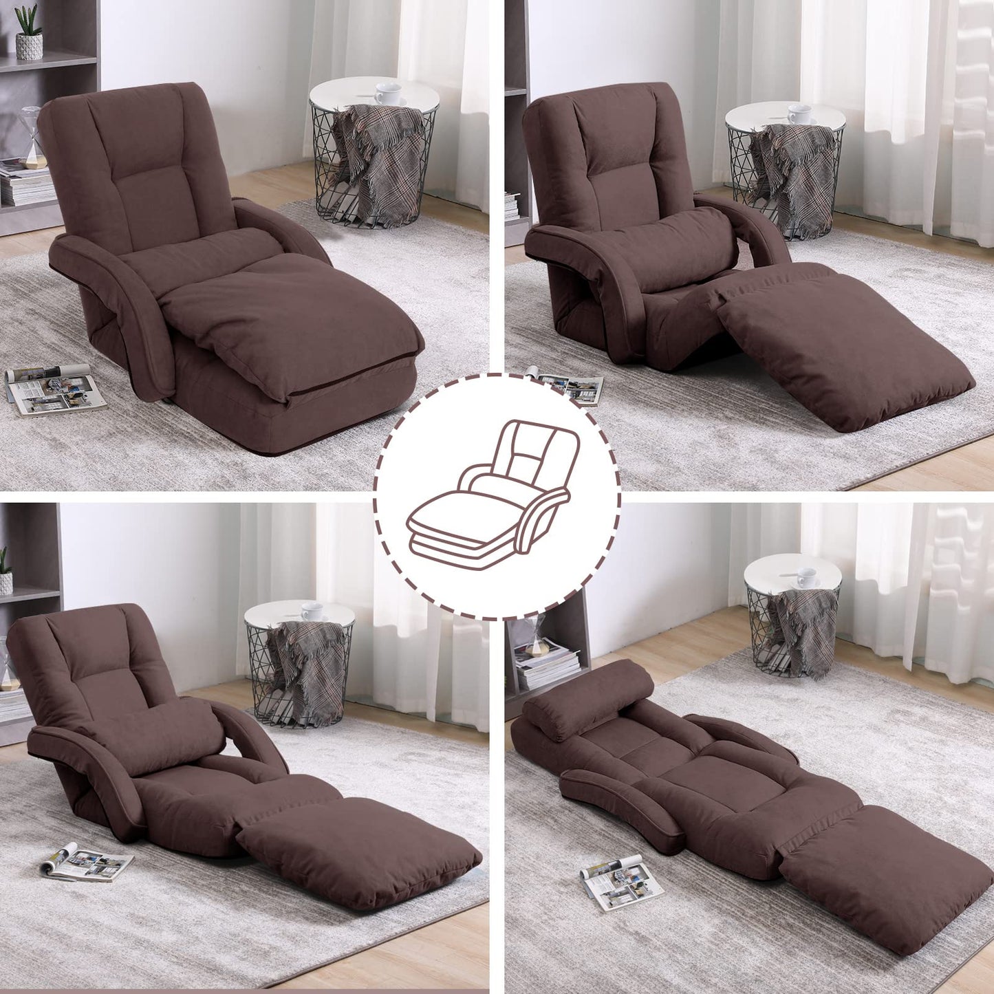 DeeLyan Foldable Lazy Sofa Bed 14-Position Adjustable Comfy Floor Chair Chaise Lounge with Armrests and Pillow with Gaming Recliner for Adults Kids with Foot Rest Futon Sofa (Brown)