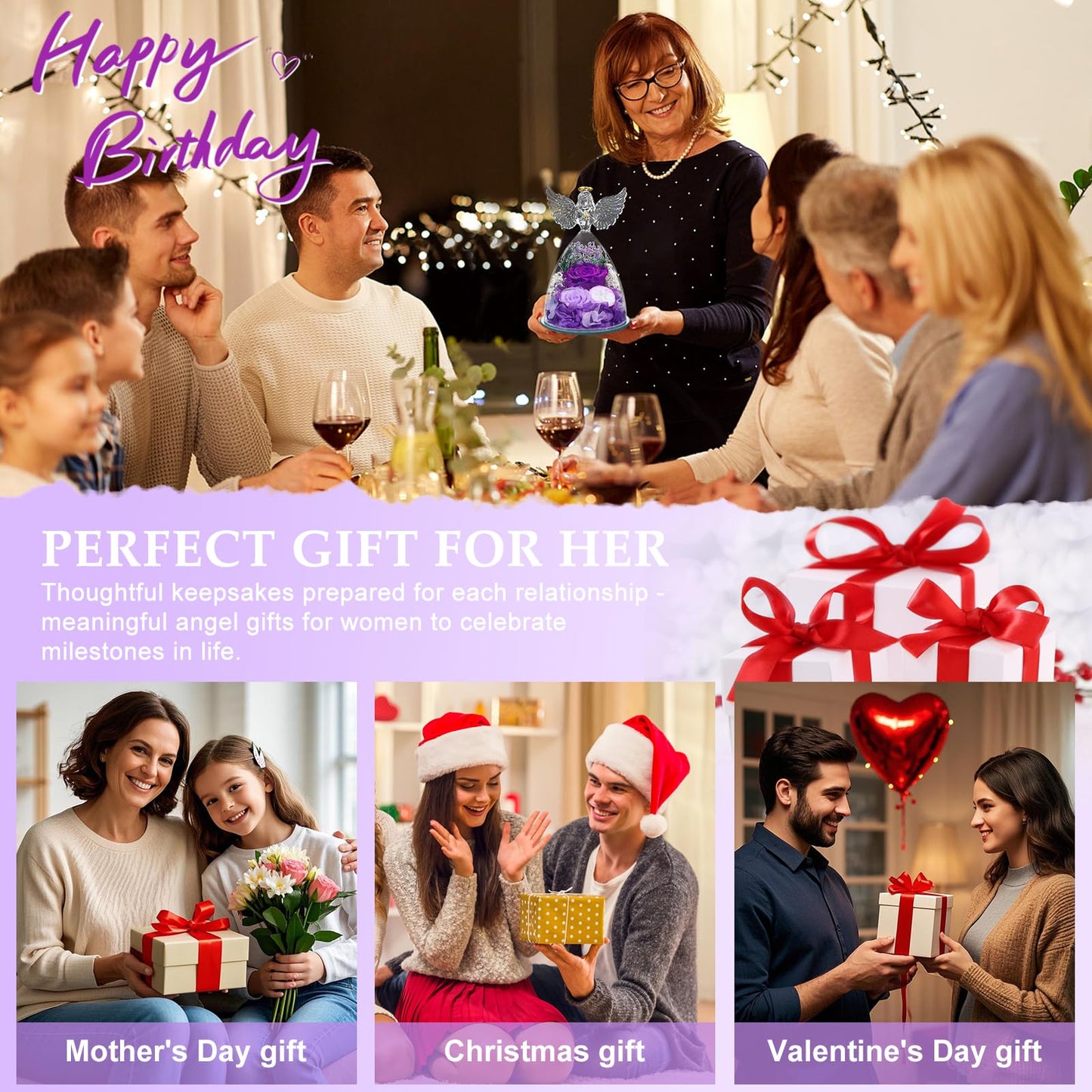 FIACO Gifts for Women Mom Preserved Rose Forever Flower in Glass Angel Figurine Fresh Flowers for Delivery Prime Birthday Gifts for Grandma Wife Sister Christmas Anniversary Eternal Purple Roses