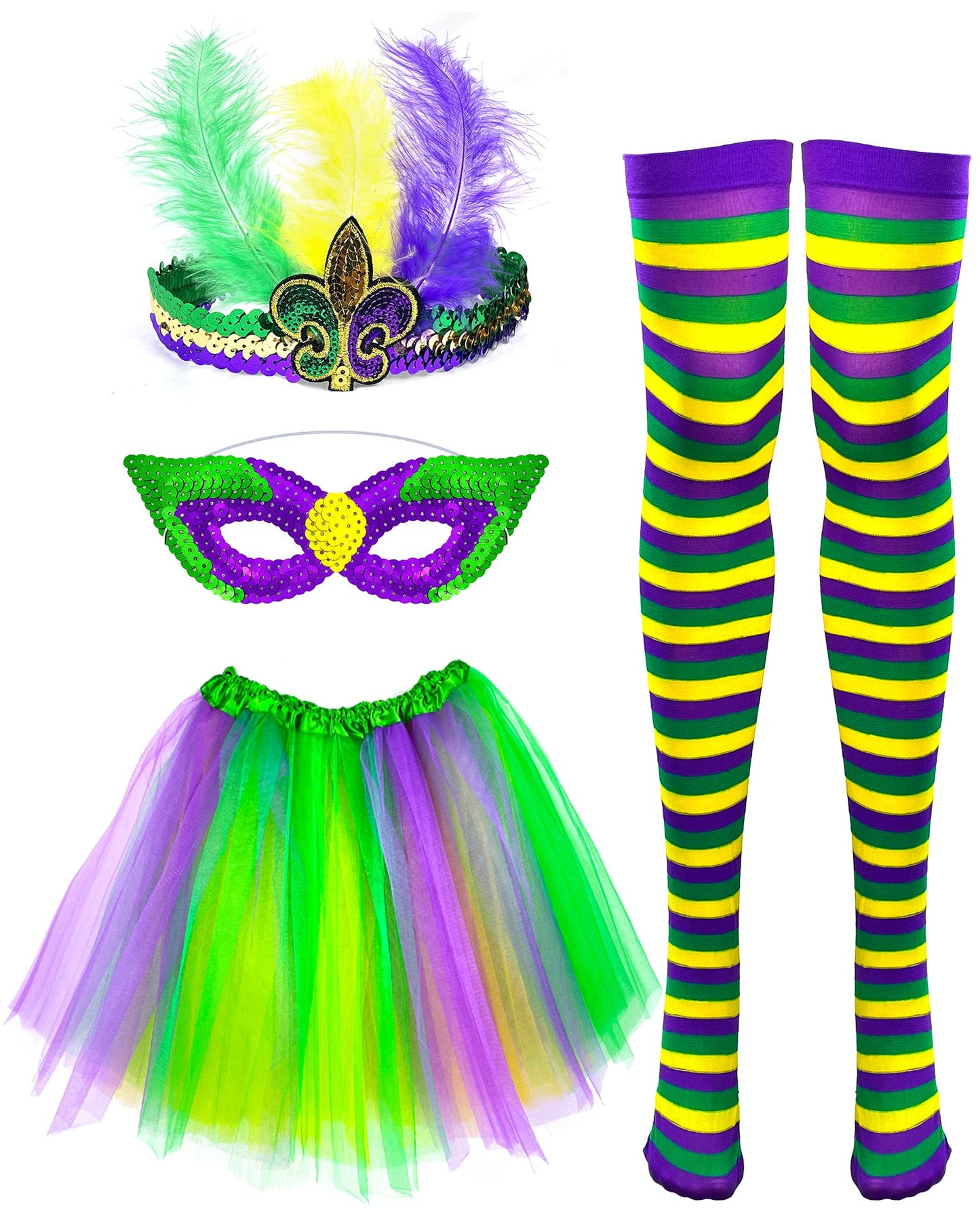 Hikkcos 4 Pack Mardi Gras Costume Woman Tutu Set with Mardi Gras Headband Mask Stocking 80s Costumes Accessories Set Purple