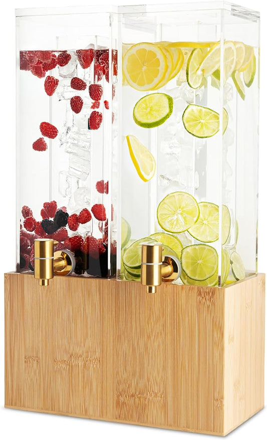 1.25 Gallon Dual Acrylic Beverage Dispenser with Bamboo Stand – Iced Drink Dispenser with Stainless Steel Spigot & Built-i...