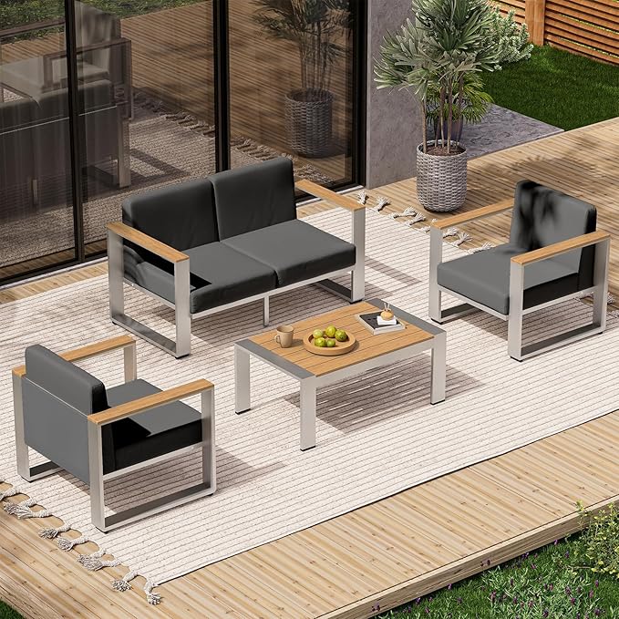 ComfCove Aluminum Outdoor Furniture Set, 4 Seats Outdoor Patio Conversation Sets with Ergonomic Seat and Wide Thick Cushions, Modern Patio Sectional Furniture for Balcony, Porch (Teak-Charocal)