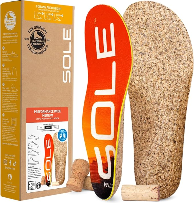 SOLE Performance Medium Wide Insoles - Custom Moldable Orthotic Support for Any Arch Type, Plantar Fasciitis Relief - Mens Size 7/Womens Size 9, 1 Pair