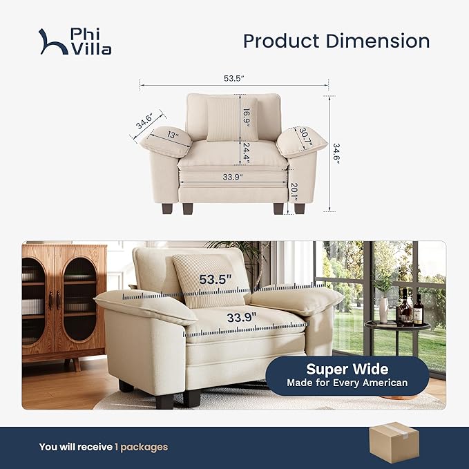 PHI VILLA Oversized Single Sofa Chair with Deep Seat, Cloud Upholstered Reading Armchair, 1 Seater Comfy Sofa Chair for Bedroom Nook, Chenille, Beige