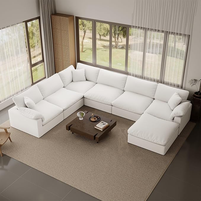 Intuition Decor 253" Oversized Cloud Modular Sectional Sofa,7 Seat Down Filled Sofa,Comfy Deep Seat Couch with Reversible Chaise & Cushions,Couch Cover Washable and Replaceable,White