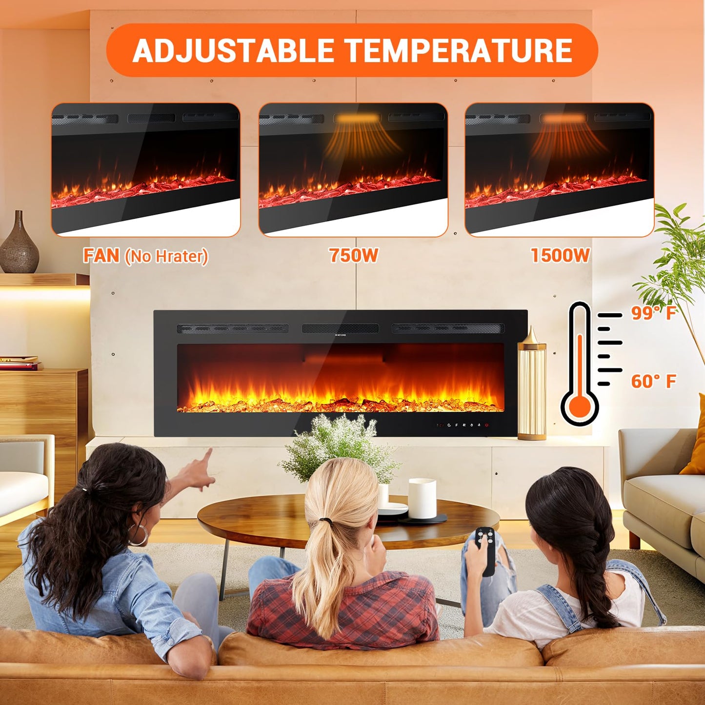 Takywep Electric Fireplace Insert, 50 Inch Wall-Mounted or Recessed with Timer, 5120 BTU Heat, 12 Flame Colors
