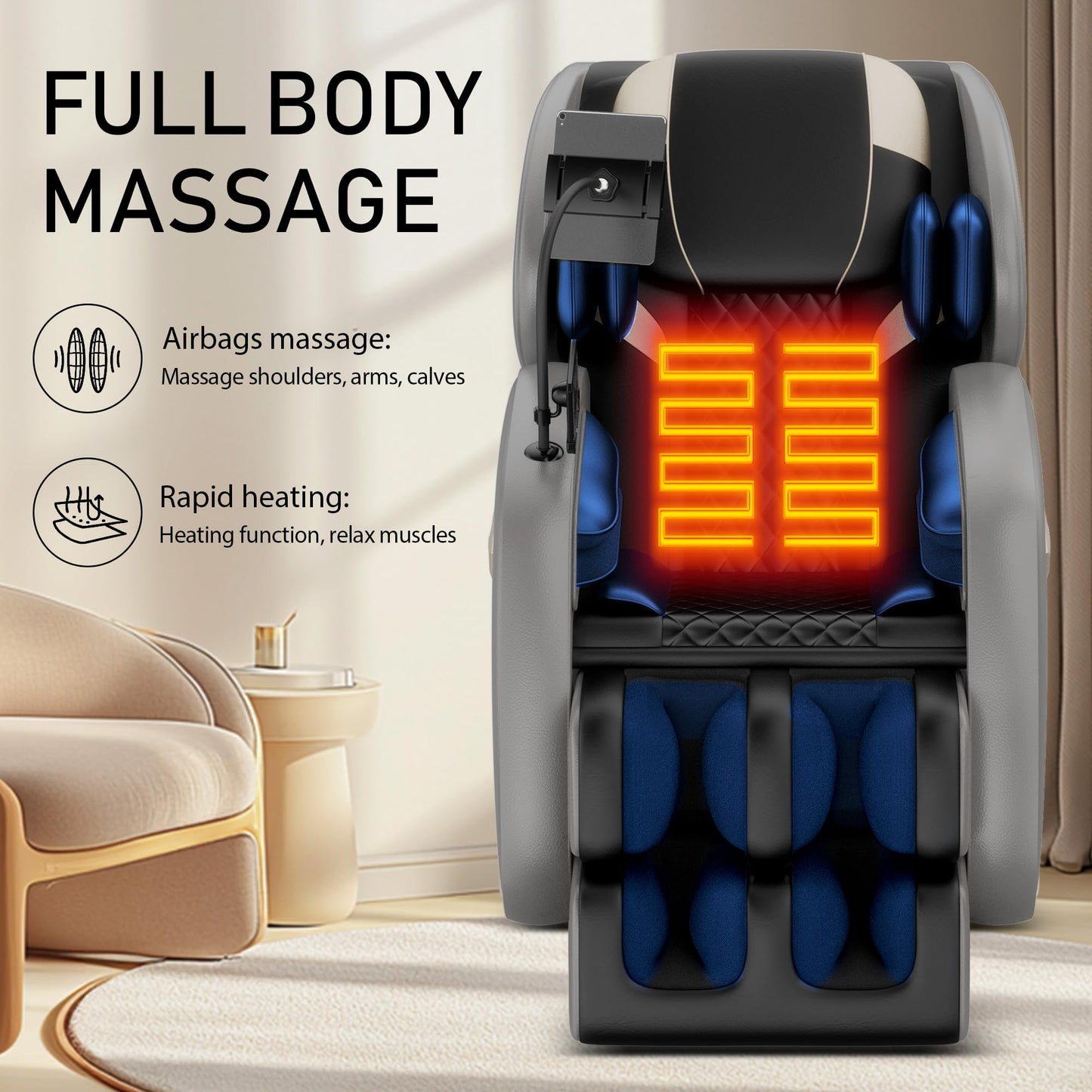 KEIKI Massage Chair Recliner with Zero Gravity, Full Body Shiatsu Massage, Heated Back & Foot Rollers, Bluetooth Music, Air Pressure System, PU Leather Automatic Recliner for Home Office, Gray