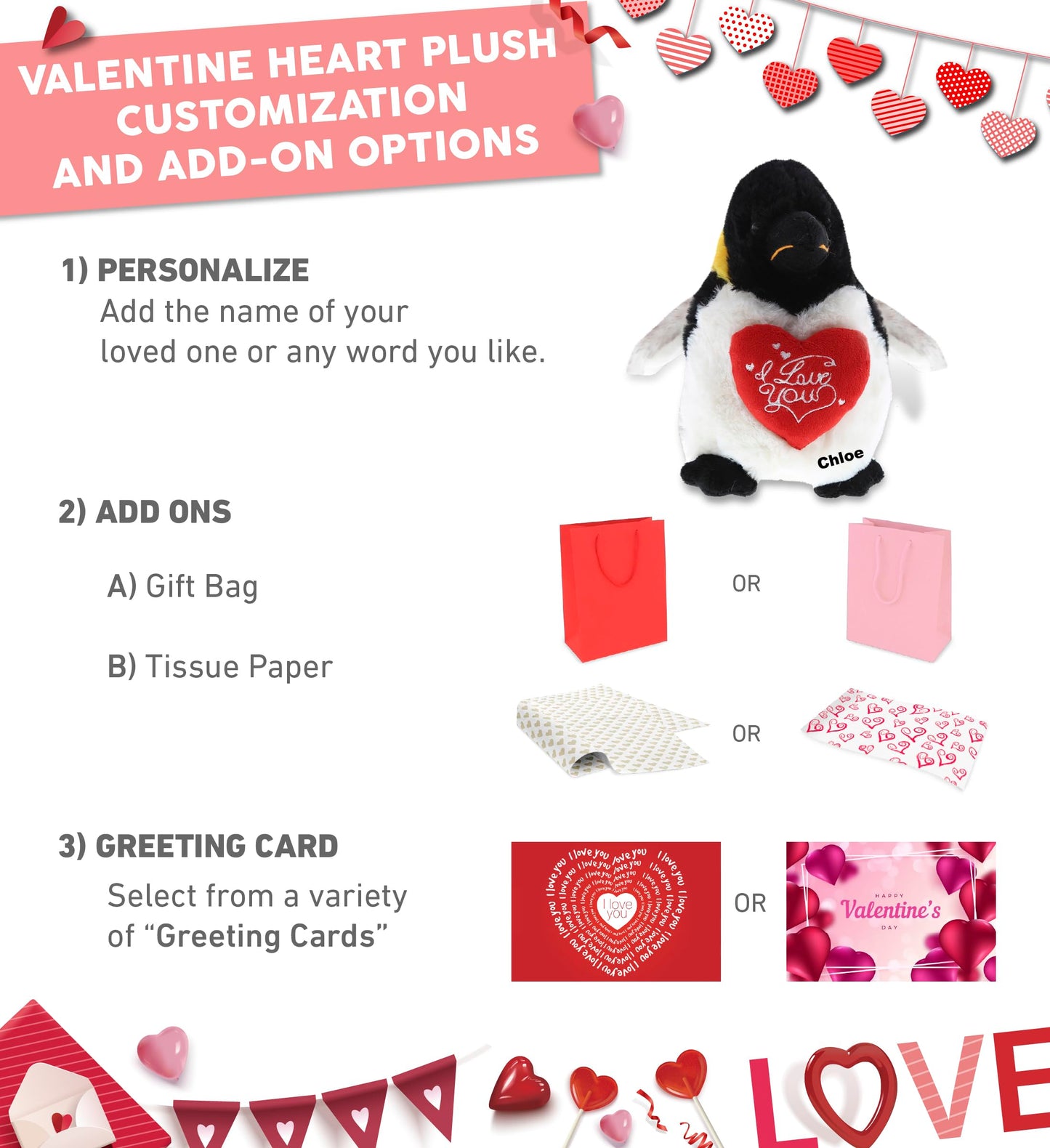 DolliBu I Love You Valentine Plush Emperor Penguin - Cute Stuffed Animal with Red Heart and Name Personalization Gift for Valentines Day, Birthday, Anniversary, Romantic Date - 7 Inches