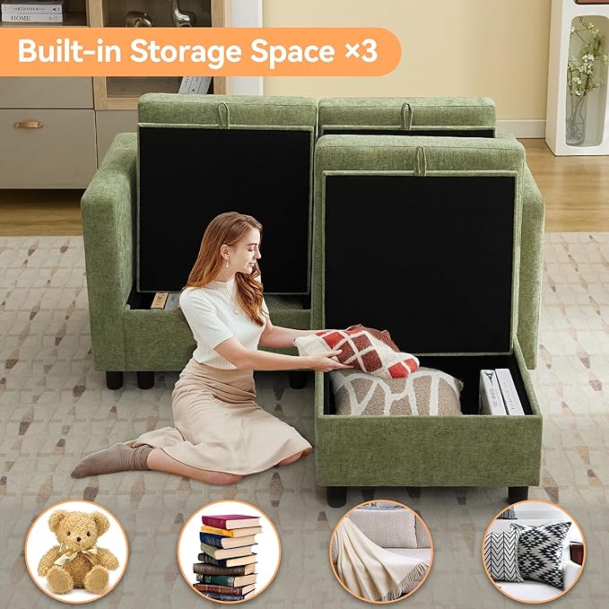 WUTUTUEE 58”Modular Sectional Loveseat Sofa with Storage, Comfy Office L Shaped Sofa Couch, Chenille Love Seat Modular Sectional Couch with Movable Ottoman for Living Room, Bedroom, Green