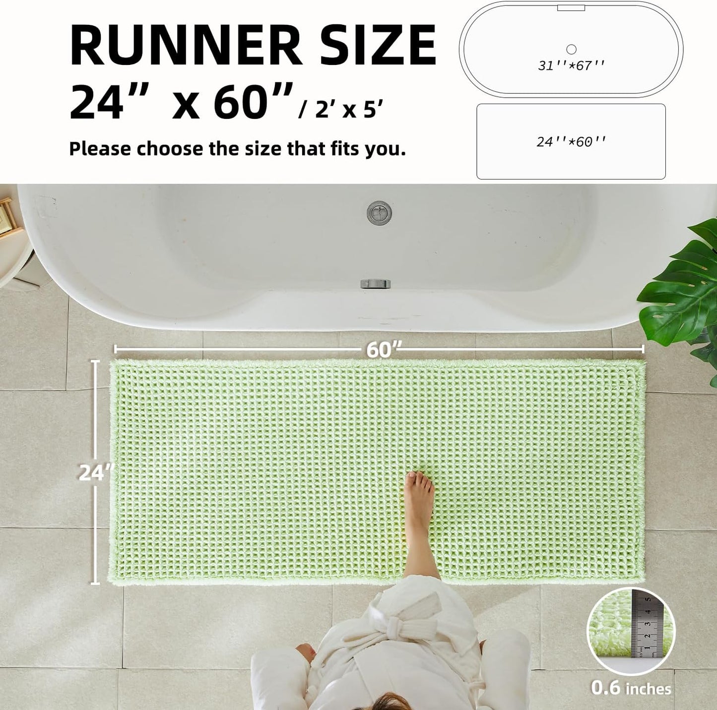 Waffle Runner Rug Bathroom, Boho Bathroom Rugs Non Slip Washable Long Super Absorbent Quick Dry Cute Bath Mat Farmhouse Bath Mat, 60"x24" Pale Green