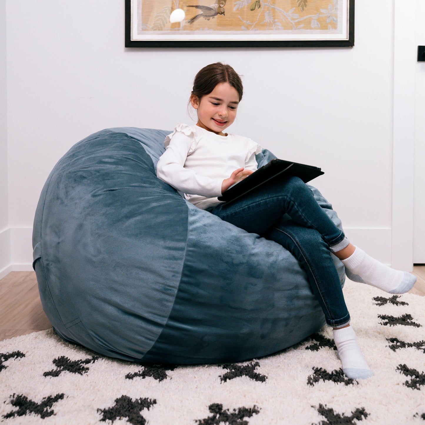Big Joe Little Big Fuf Foam Filled Bean Bag Chair, Slate Blue Plush Soft Polyester