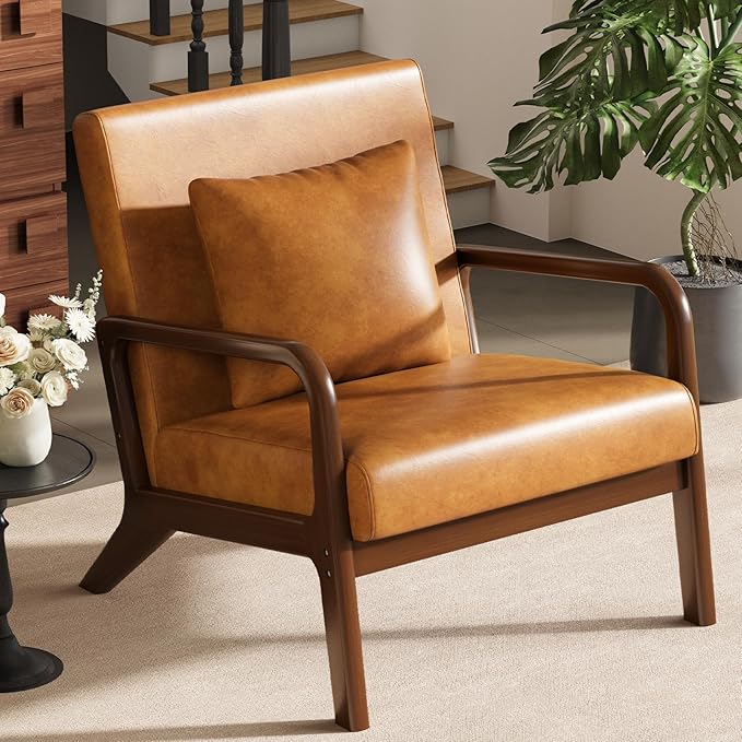 ELUCHANG Mid-Century Modern Chair,Upholstered Accent Chair Reading Arm Chair with Cushion & Lumbar Pillow & Solid Wood Frame for Lounge, Living Room, Bedroom, Office, Brown-PU Leather