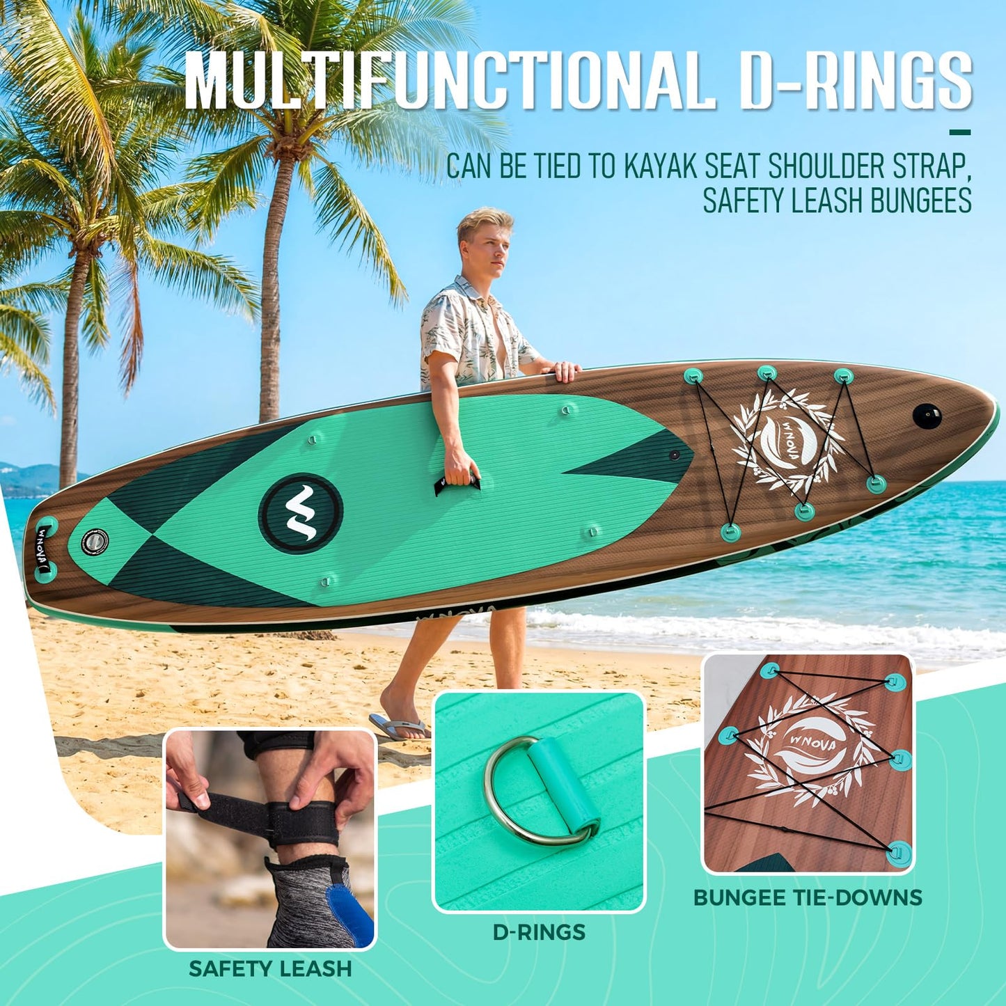 WNOVA 11'6" × 34" Extra Wide Inflatable Stand Up Paddle Board, Stable SUP with Premium SUP Accessories and Non-Slip Comfort Deck for Adults & Youth of All Skill Levels (Teak Zephyr/Kayak Seat)