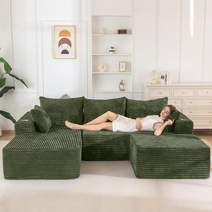 MAXYOYO 104" U-Shaped Modular Sectional Couch, Modern Boneless Couch for Living Room, Sofa in A Box, Oversized Sofa Sleeper with Deep Seat, No Assembly Required, Green