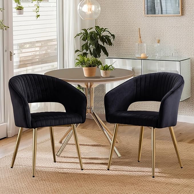 COMULER Black and Gold Velvet Dining Chairs, Modern Dining Room Chairs with Arms Set of 2 Upholstered Accent Chair Armchair with Barrel Back for Kitchen Living Room