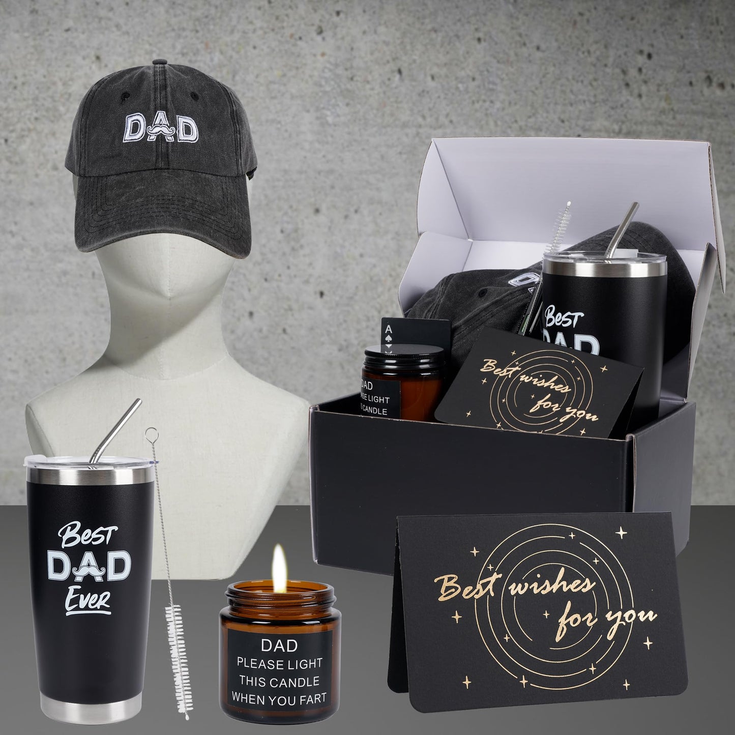Kolewo4ever 9 Pieces Dad Gift Set Best Dad Gifts for Father, Men with Tumbler Mens Socks Mens Baseball Cap Key Chain Card for Men Father Papa Gifts from Son Daughter Kids