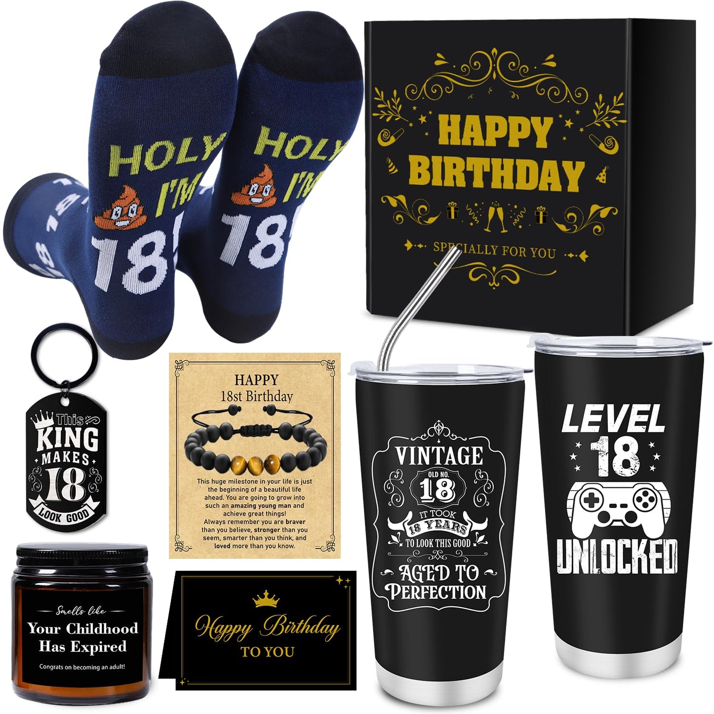 Keluna 18th Birthday Gifts for Boys - 6Pcs 18 Year Old Boy Birthday Gifts Ideas, 20oz Tumbler, Funny Socks, Keychain, Bracelets, Candles, 18th Presents for Son Grandson Nephew Brother from Mom Dad
