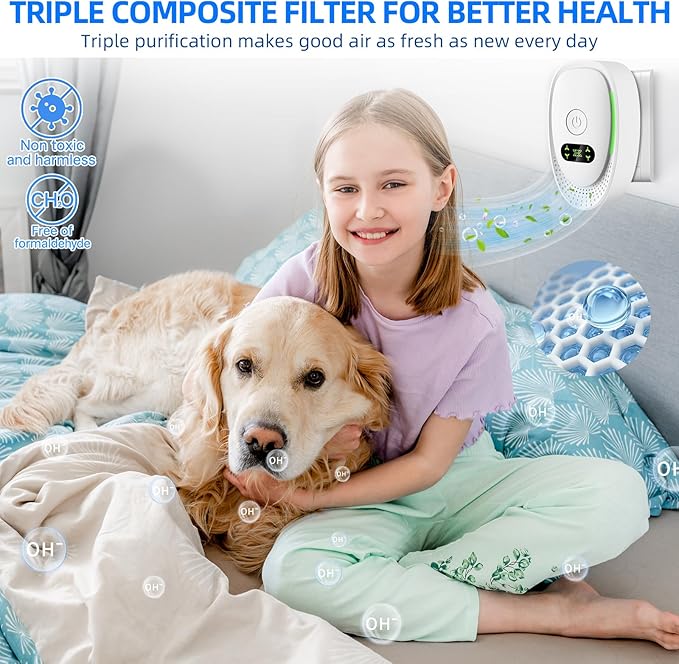 Plug In Air Purifier-Plug In Negative Air Ionizer for Home Use,Air Ionizers for Home with Green Light for Pets Dust Odor Smoke,Negative Ion Technology Freshener for Bedroom,Office,Garage Room