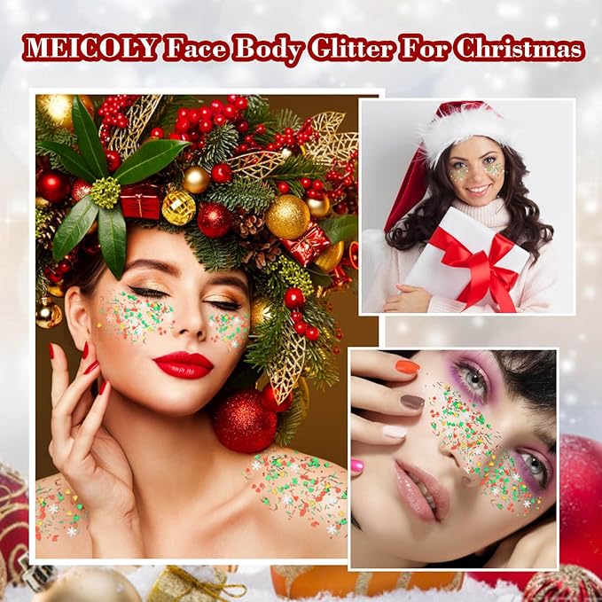 MEICOLY Christmas Face Body Glitter Gel,Christmas Stocking Stuffers Gift Decorations,Festival Hair Glitter for Women Kids Girls,Chunky Halloween Sparkling Glitter Face Paint