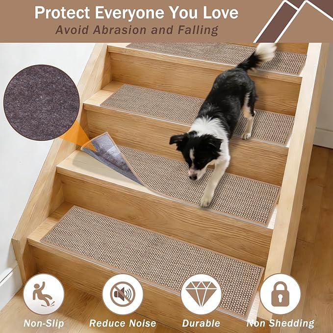 Stair Treads for Wooden Steps, 4 Pack 8" X 30" Beige Stair Runner Carpet Indoor with Reusable TPE Adhesive Backing, Carpet Stair Treads for Kids Elders and Pets, Prevent Slipping on Stairs