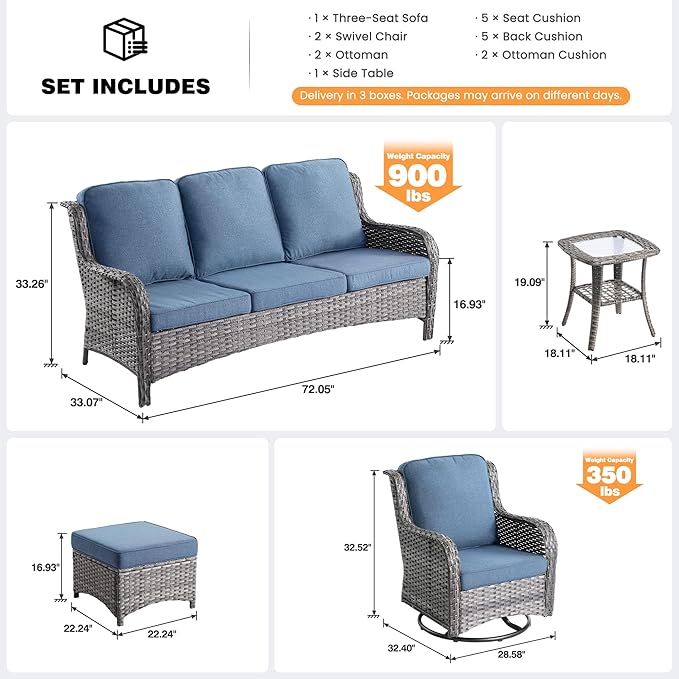 ovios 6 Pieces Patio Furniture Set, Outdoor Wicker Sofa Couch with Swivel Chairs Ottomans Comfy Cushions, High Back Modern All Weather Conversation Sets, Grey Rattan, Denim Blue