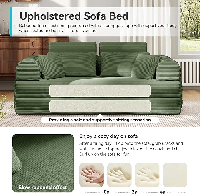 ZQRhome Convertible Folding Couch Bed, Comfy Corduroy Sleeper Floor Sofa Bed with Fixed-Shape Frame, Floor Sofa with Armrest, Lounge Couch for Living Room Bedroom Lounge Studio, High Backrest Green