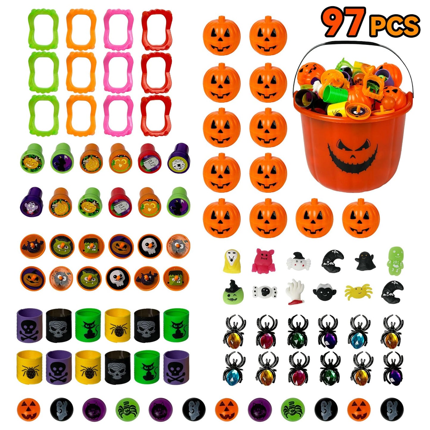 novelinks Halloween Party Favors for Kids 96PCS Halloween Toys in Bulk Halloween Prefilled Plastic Pumpkins Buckets Halloween Goodie Bag Fillers Treats Prizes Halloween Toys Gifts for Boy Girl Random