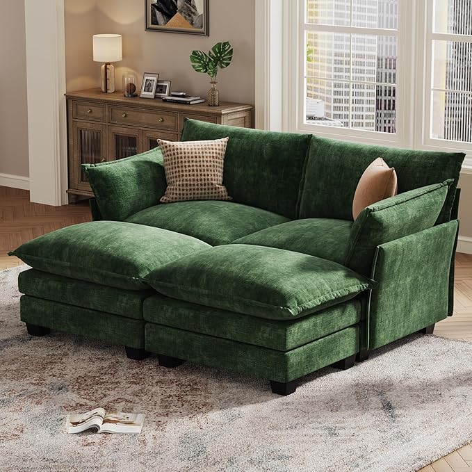 KKL Modular Sectional Sofa Bed, 4 Seater Convertible L-Shaped Sleeper Cloud Couch with Ottoman, Chenille Sectional Couches for Living Room, Apartment Green