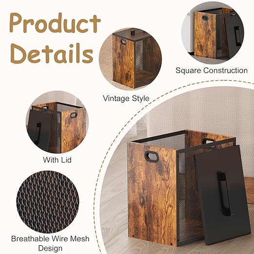 Office Garbage Can With Lid - Iron and Wood Combination Bedroom Garbage Can, Retro Industrial Style Trash Can with Handle, Rectangular Design Wastebasket for Home Office, 4.5 Gallon (Patent Pending)