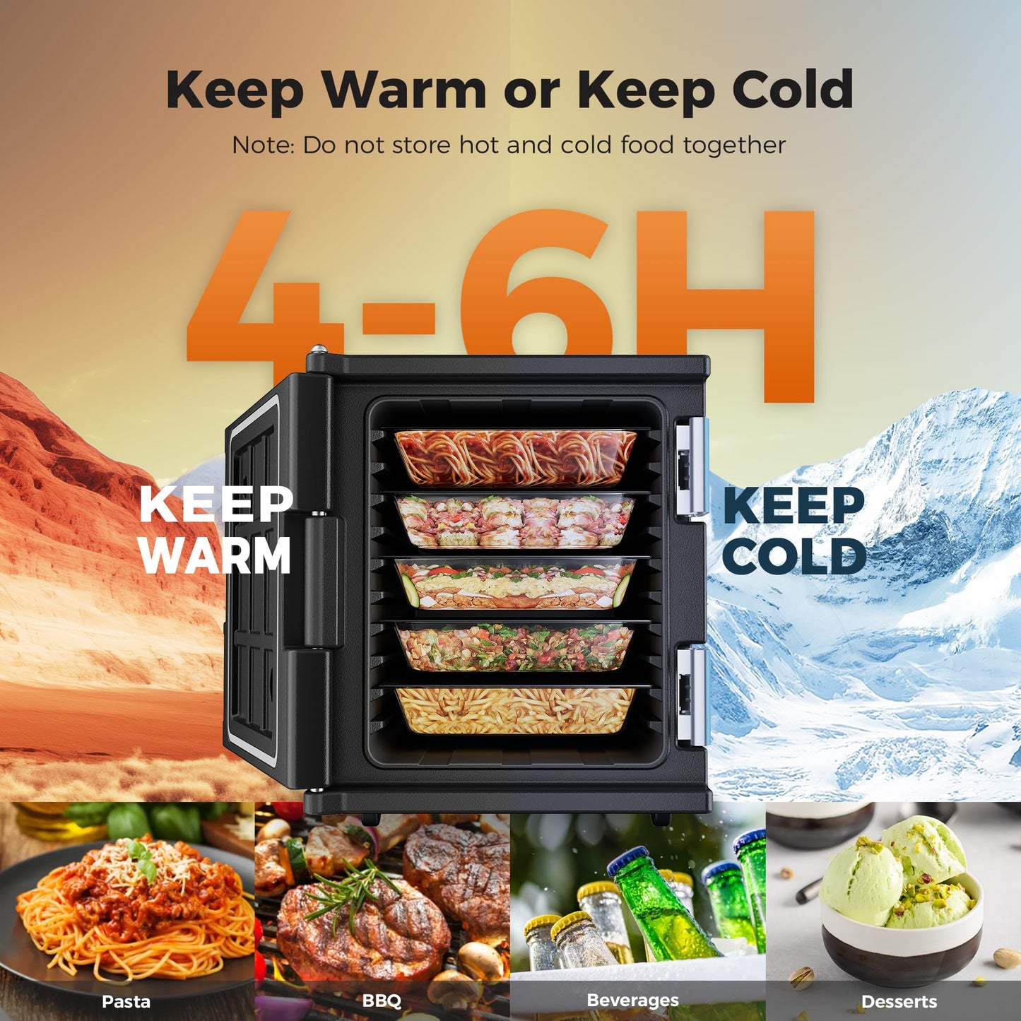 CAMMOO 82QT Non-Electrical Hot Box Food Warmer with Wheels, 304 Stainless Steel Latch & Door Shaft, Insulated Food Carrier for 5 Full-Size Pans(NOT Included), Food Warmer Box Hot Boxes for Catering
