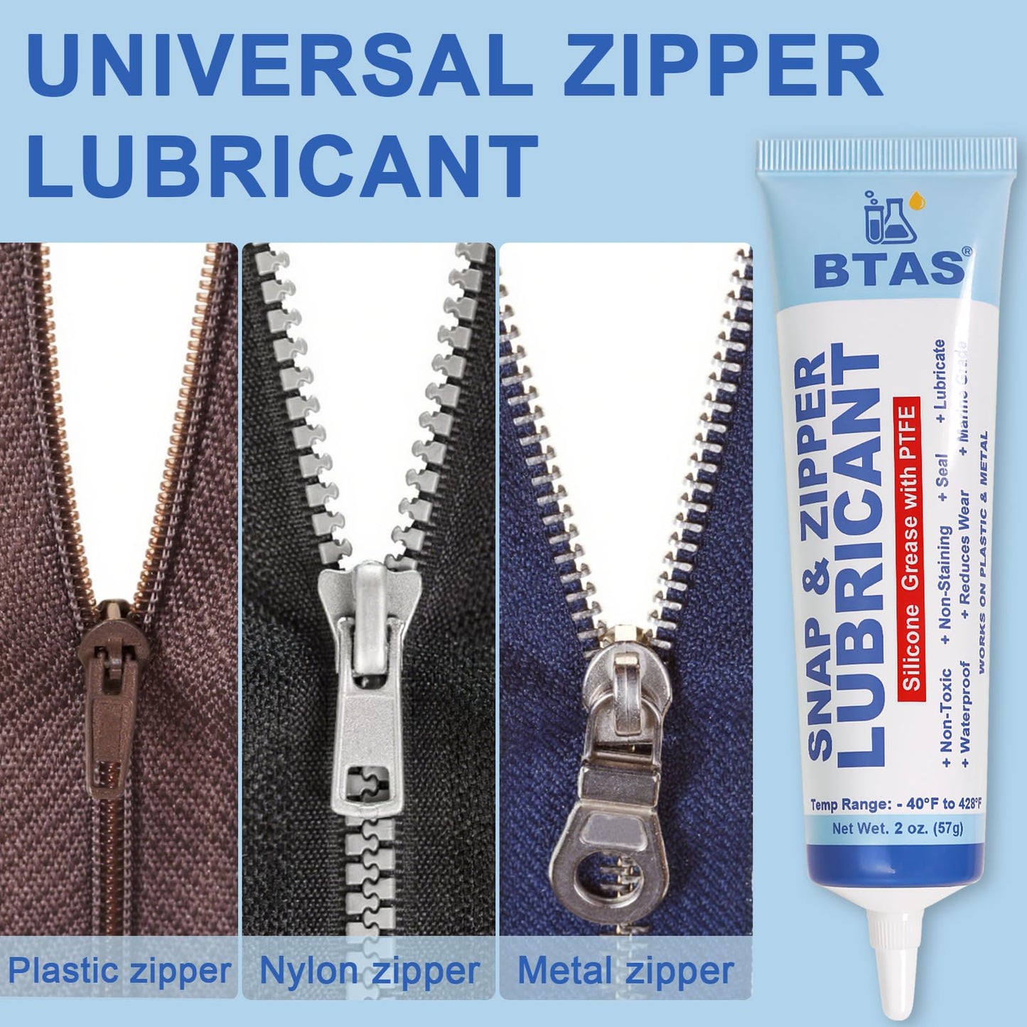 BTAS Zipper Lubricant for Plastic and Metal, Zipper Ease Lube Silicone Grease for Boat Canvas Cooler Bags Clothes Dresses with PTFE Marine Grade 2 Oz