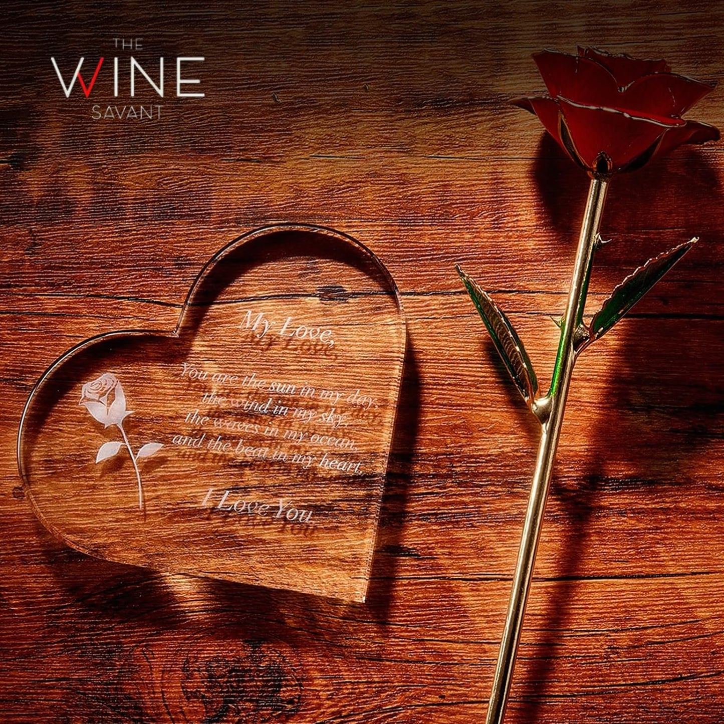 Gift for Anniversary to Wife, Her – Engraved Wooden Set 'To My Love' with Crystal Engraved Heart & 24K Gold Dipped Rose – Romantic Birthday Gifts for Women, Girlfriend, Unique Love Gift Idea