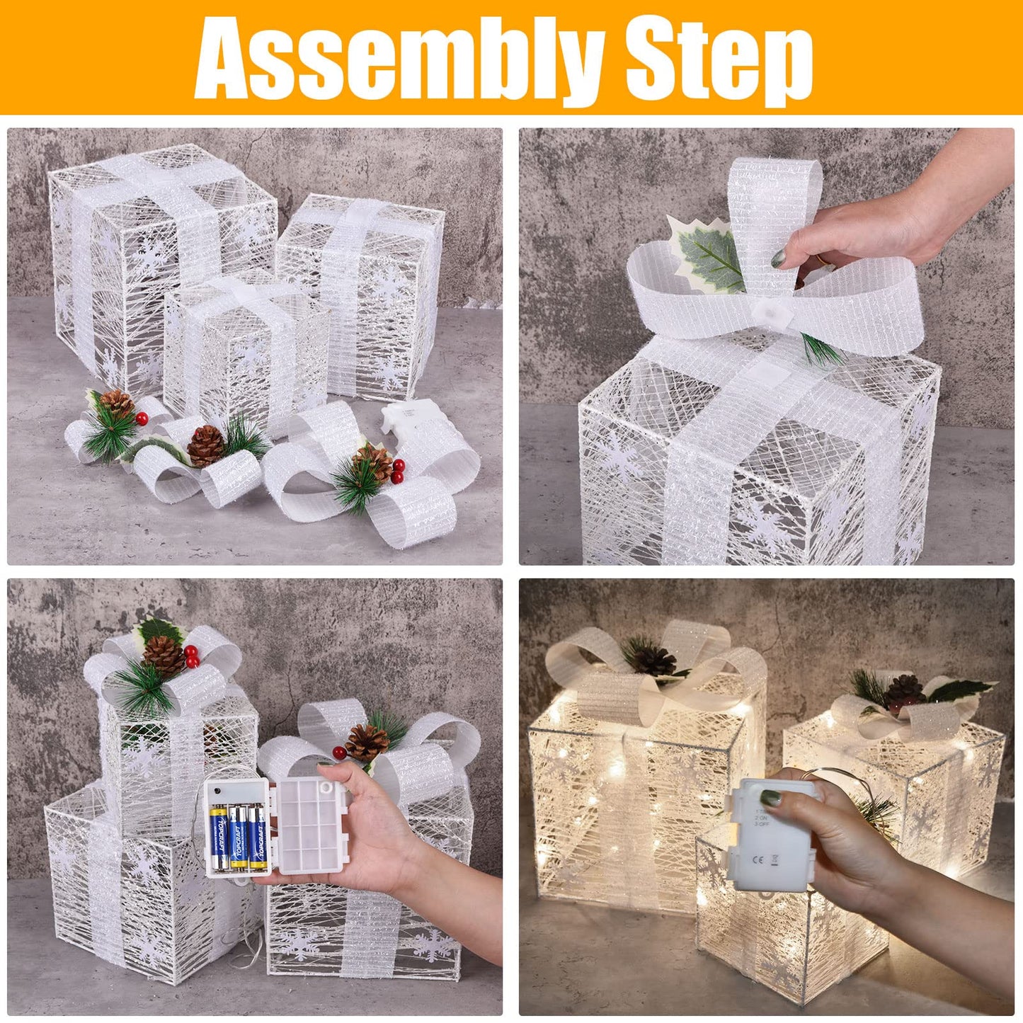 Christmas Lighted Gift Boxes, Set of 3 Christmas Decorations for Home, Light up Christmas Ornaments, Warm White LED with Bows for Indoor Party Holiday, Christmas Decor(Snow)