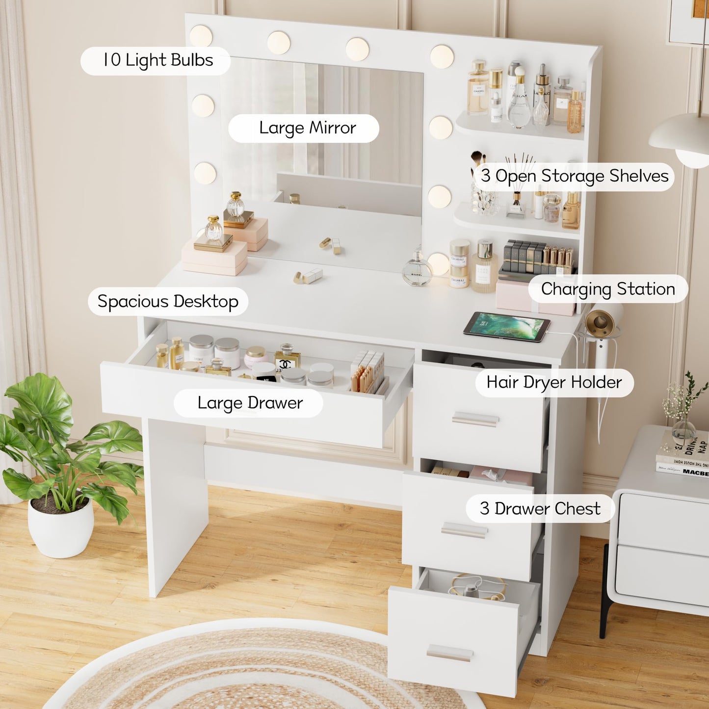 YESHOMY Vanity Desk with Mirror, 10 Lights, Power Outlet and 3 Storage Shelves, Makeup Table with 4 Drawers, 3 Color Modes, for Bedroom, White