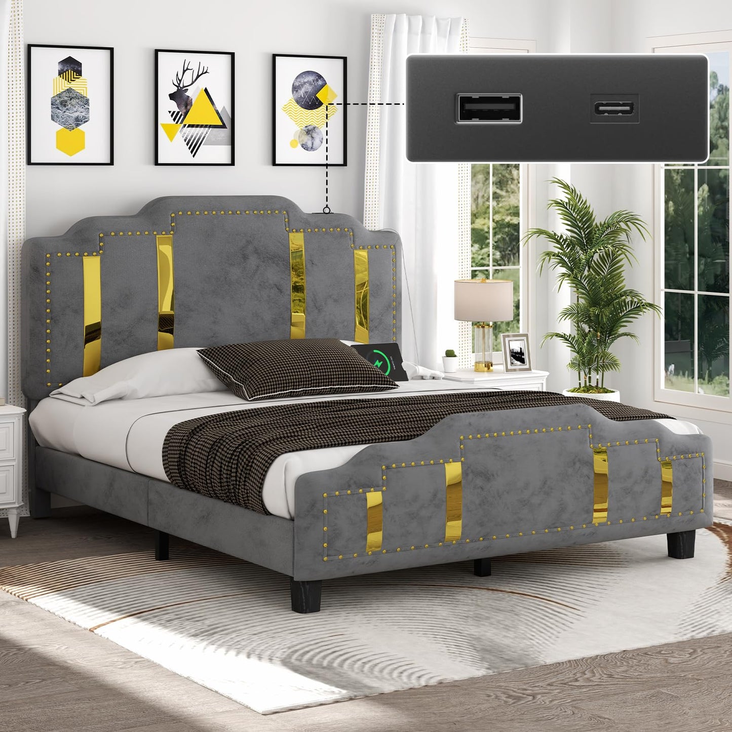 Full Size Bed Frame with Headboard, Velvet Upholstered Platform Bed Frame with Charging Station, Nailhead Trim & Shiny Decor, Solid Wood Slats Support, No Box Spring Needed, Easy Assembly, Grey
