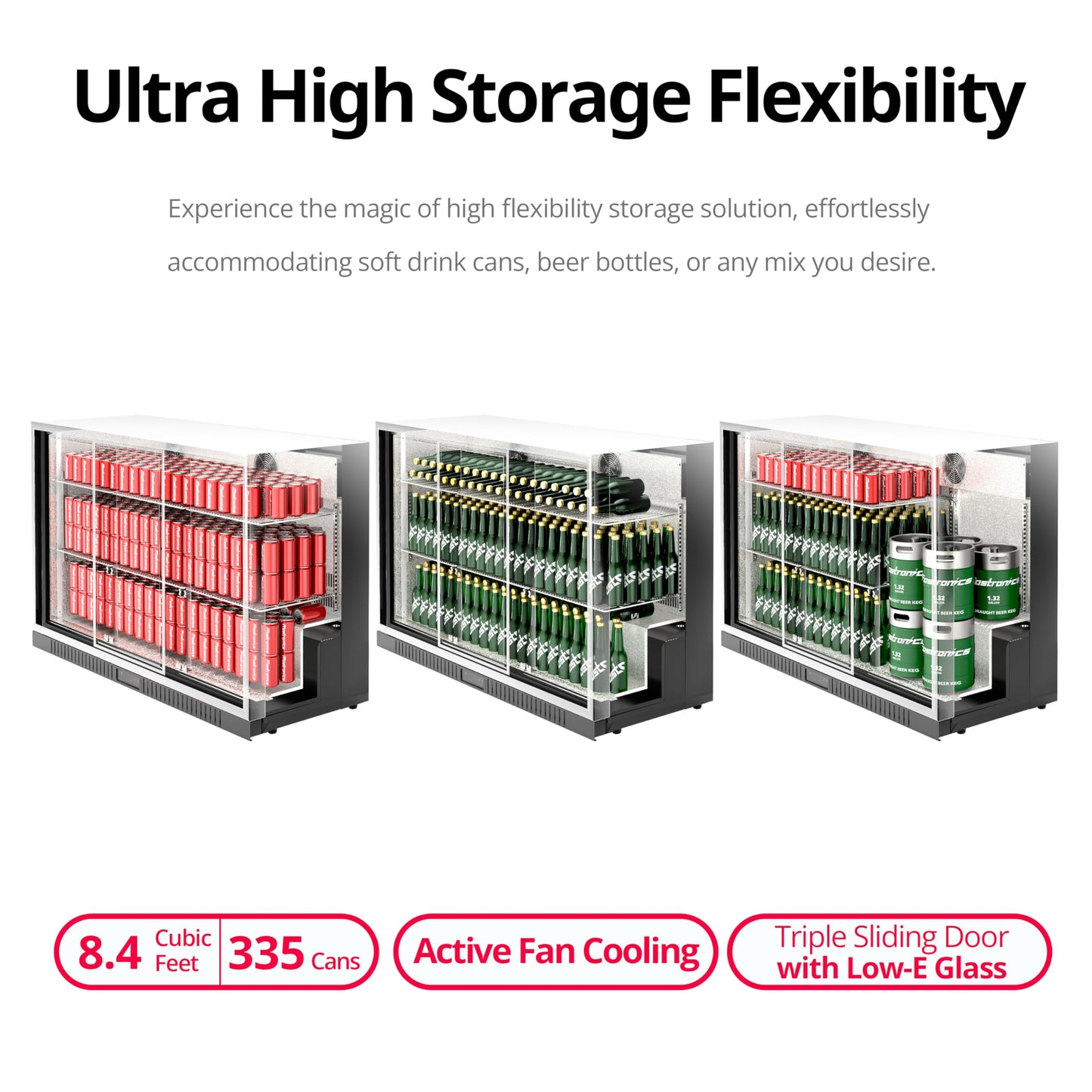 Frostronics 54 in. 335 cans Triple Sliding Door Back Bar Beverage Cooler, 10.8 cu. ft. Under Counter Glass Door Bar Fridge, lockable, 32-50°F Display Refrigerator, ETL & NSF7 Certified