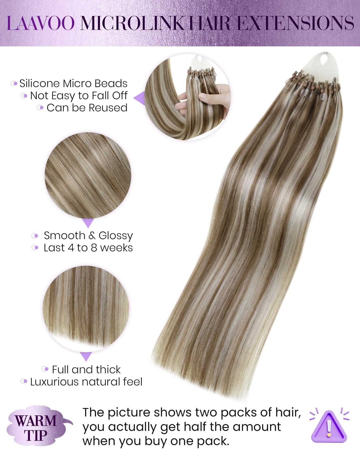 LaaVoo Micro Loop Hair Extensions Real Human Hair Ash Brown Highlight Platinum Blonde Micro Ring Hair Extensions Cold Fusion 50g