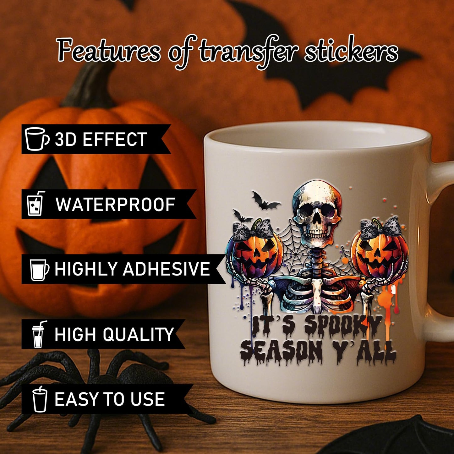 Rngmsi Halloween Uvdtf Cup Wraps - 20 Sheets Spooky Bow UV DTF Cup Wraps for 16 oz Glass, Pumpkin Ghost Bat Skeleton Cobweb Witch Rub on Transfer Sticker, UV DTF Decals for Water Bottle Mug DIY Crafts
