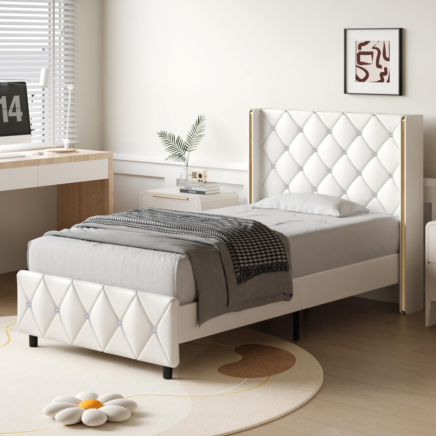 Twin Bed Frames with Headboard, Upholstered Platform Bed with Wingback Design, Modern Diamond Bed Frame with Tufted Deep Button, No Box Spring Needed, Easy Assembly, White