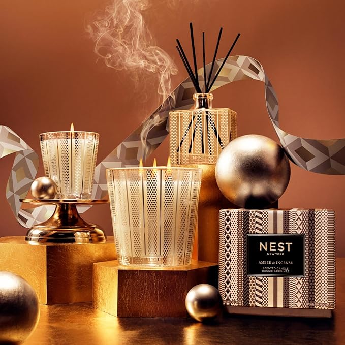NEST New York Scented 3-Wick Candle, Amber & Incense - 21.2 oz - Up to 100-Hour Burn Time - Reusable Glass Vessel