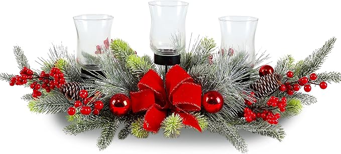 Red Christmas Table Centerpiece,Christmas Decoration Cedar with 3 Candlestick Glass Cup, Red Berry, Balls for Holiday Part...