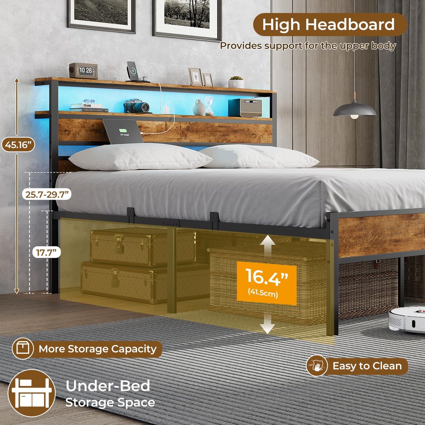 Hasuit Full Bed Frame with Headboard, LED Lights and Charging Station, Metal Platform Bed Full Size with Heavy Duty Slats, Under Bed Storage, Fast Assembly, No Box Spring Needed, Noise Free