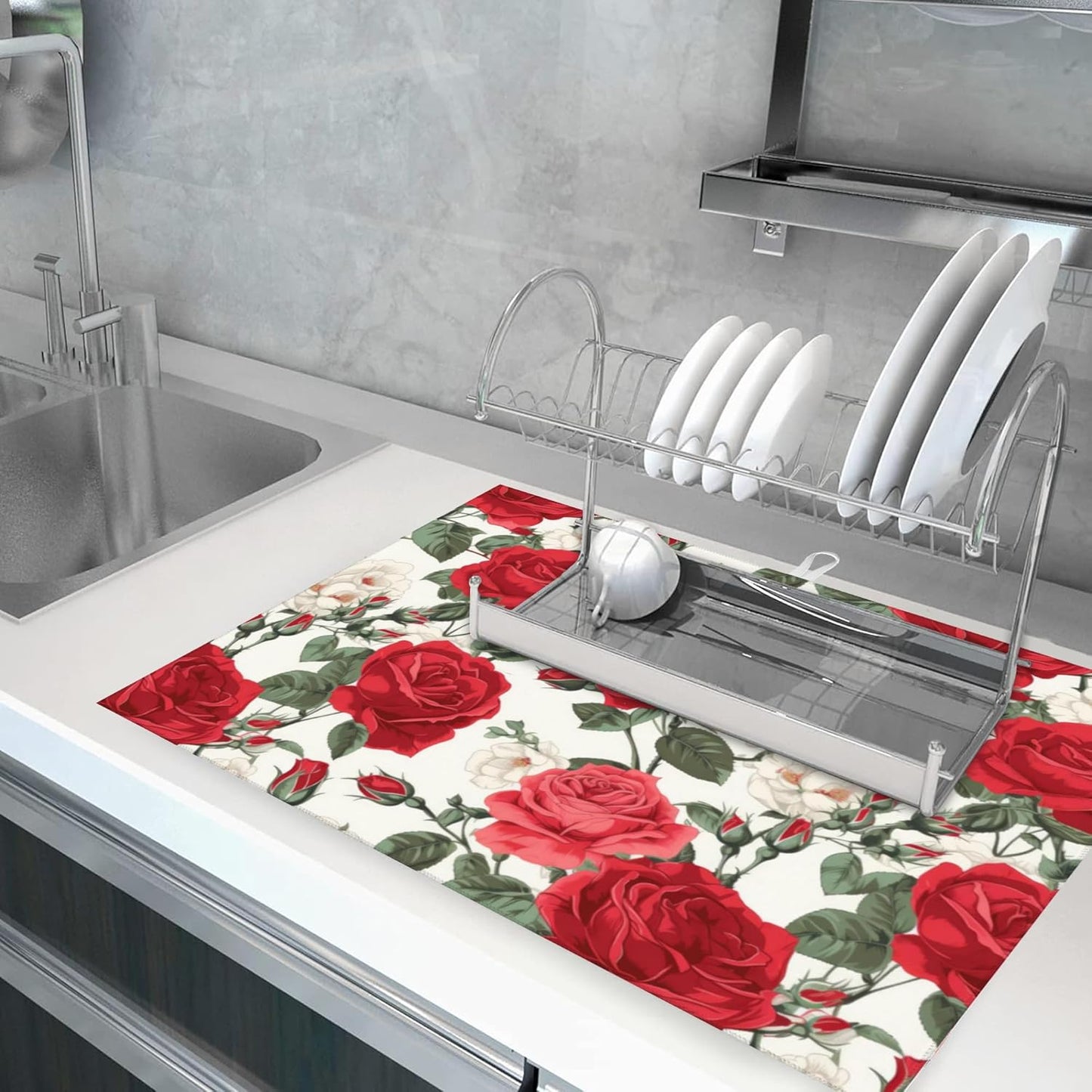 Large Dish Drying Mat for Kitchen Counter,18"X24" Red Rose Flowers Super Absorbent Reversible Microfiber Dish Drying Mat Dish Drainer Mat,Dishes Mat Drying Pad for Kitchen Countertop Coffee Bar