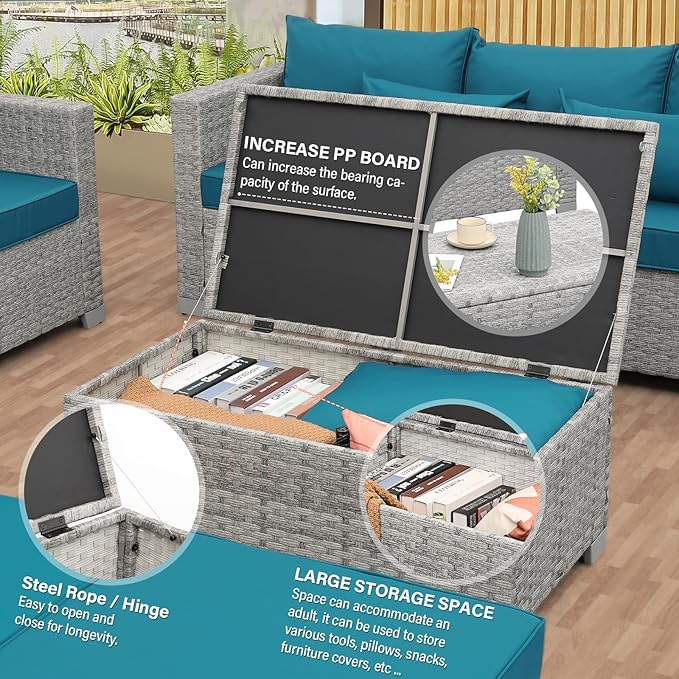 WAROOM Patio Furniture Set 4 Piece Wicker Conversation Sets PE Rattan Chair Outdoor Couch Sectional Sofa with Storage Table, Peacock Blue Cushion