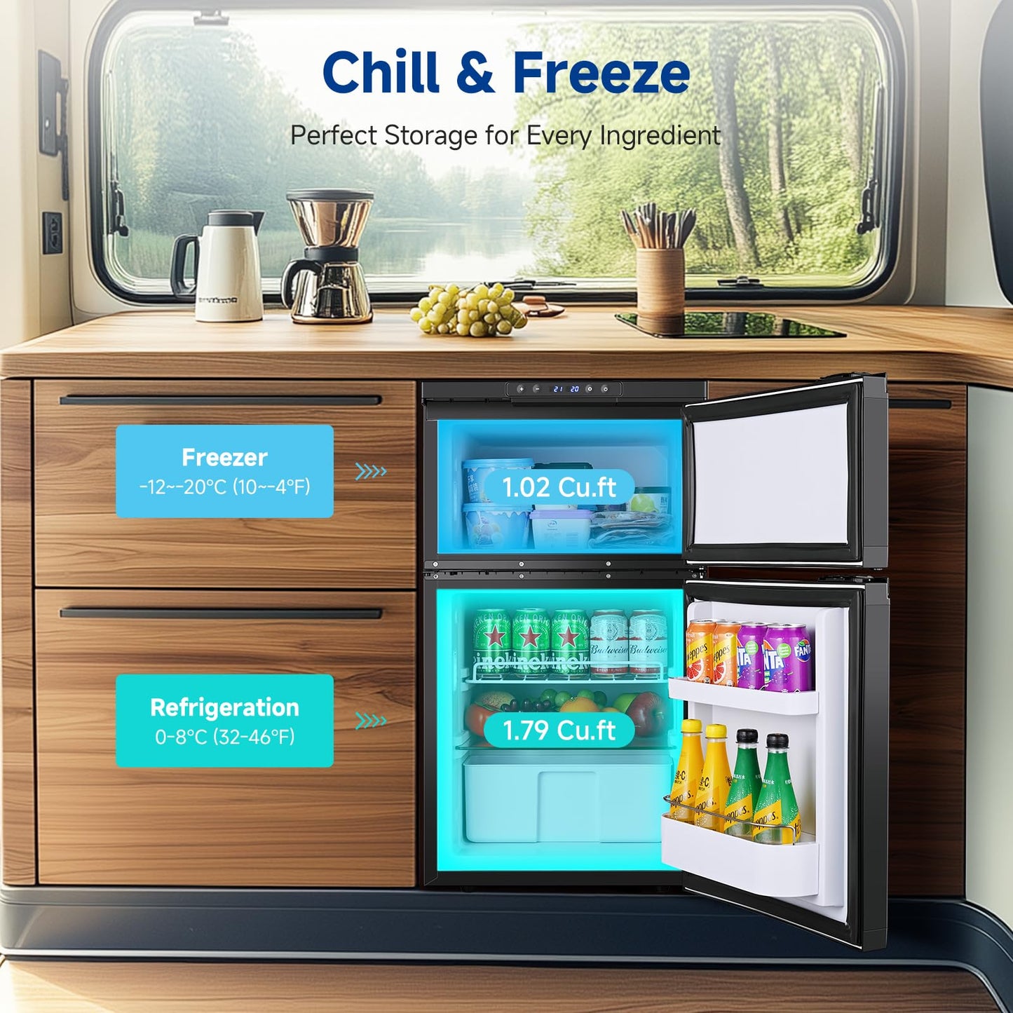 BODEGACOOLER 12 Volt RV Refrigerator, 80L(2.82cu.ft) RV Fridge with Freezer, APP Control Portable Compressor Cooler, -4℉ to 68℉, 12/24V DC for Boat, Yacht, Caravan, Truck, Camping