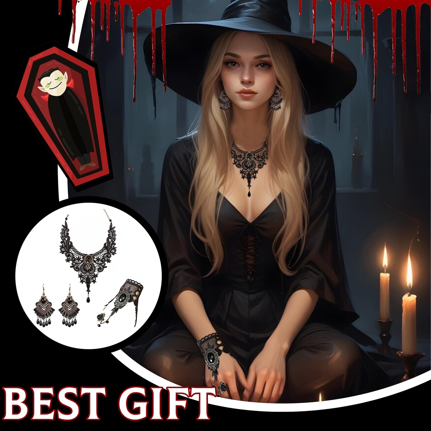 Halloween Black Choker Earrings Bracelet Set Witch Costume Women Gothic Accessories Vintage Goth Jewelry Set Black Ring Gloves Vampire Choker Necklace Halloween Costume
