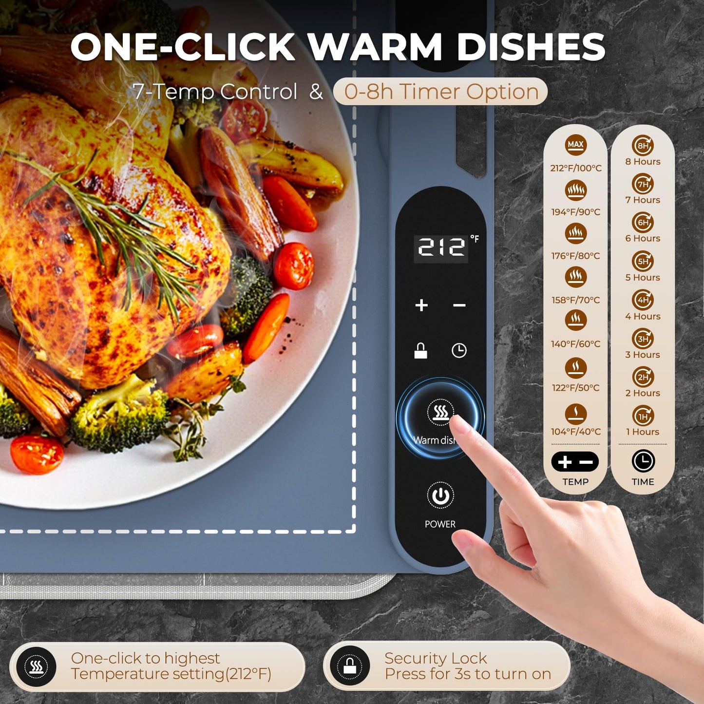 Homelove Warming Mat for Food - Fast Full Surface Electric Warming Tray with 7 Temp-Settings & 8H Timer, Portable Roll Up Food Warmer with Heat Insulation Pad for Gatherings Parties Buffet XXL-Navy